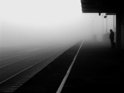 Somewhere Else train station in fog